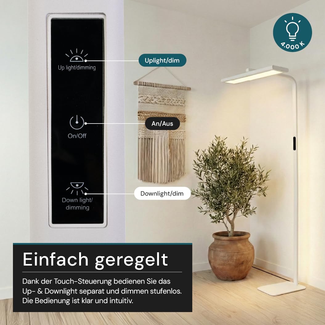 LUXULA LED Büro-Stehleuchte dimmbar, 60 W 3500 lm, 4000K Neutralweiß, Up/Downlight, UGR<16, CRI98, Touchbedienung, blendfreies Licht, Monitor, Büro, Arbeitszimmer, Homeoffice, modernes Design, Weiß