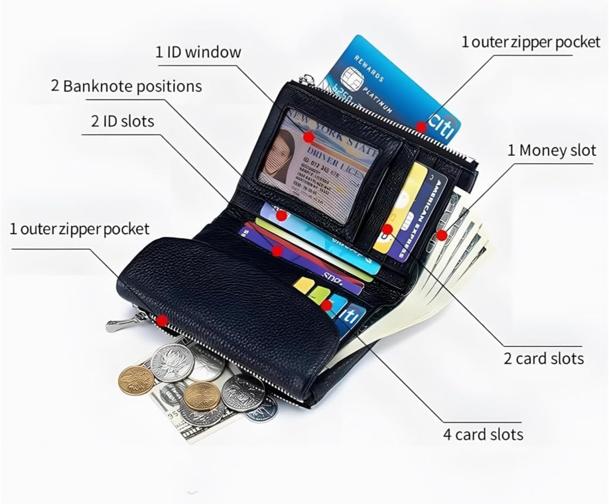 Unisex Leather Wallet, Full Grain Leather Coin Purse with Credit Card Holder, Coin Holder & Cash Slots, Short Genuine Leather Purse (Green) - Image 2