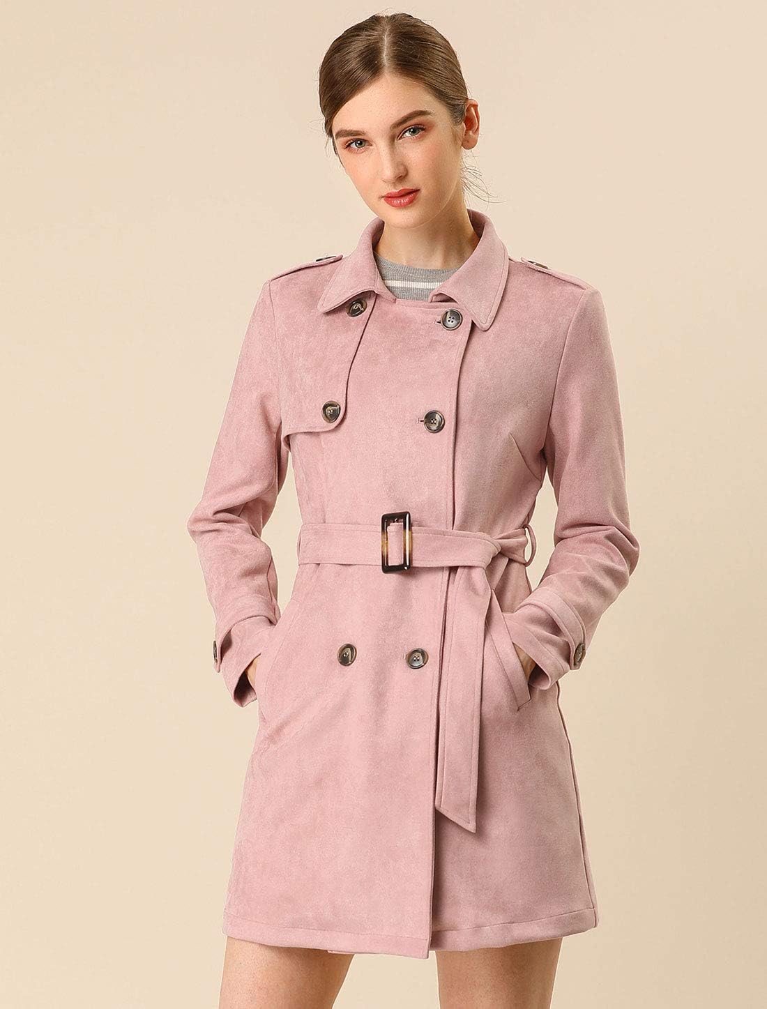 Allegra K Women's Faux Suede Trench Coat Notched Lapel Double Breasted Jacket with Belt