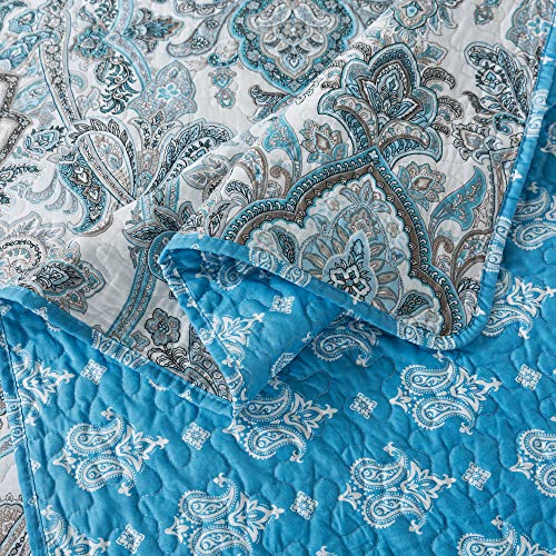 Travan Bedspread Quilt Set 3-Piece Lightweight Reversible Cotton Oversized Quilted Bedding Set For All Season, Blue Damask, King Size #TOP4