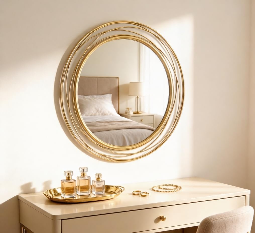 PARISLOFT 35.7'' Gold Circle Mirror with Metal Wire Frame, Large Round Wall Decor Mirror for Living Room,Bedroom, Kitchen, Bathroom, Entryway