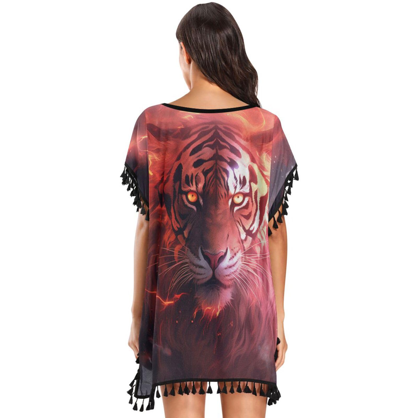 Space Light Art Cool Tiger Women's Beach Cover Up Chiffon Tassel Swimwear Swimsuit Coverups for Girl