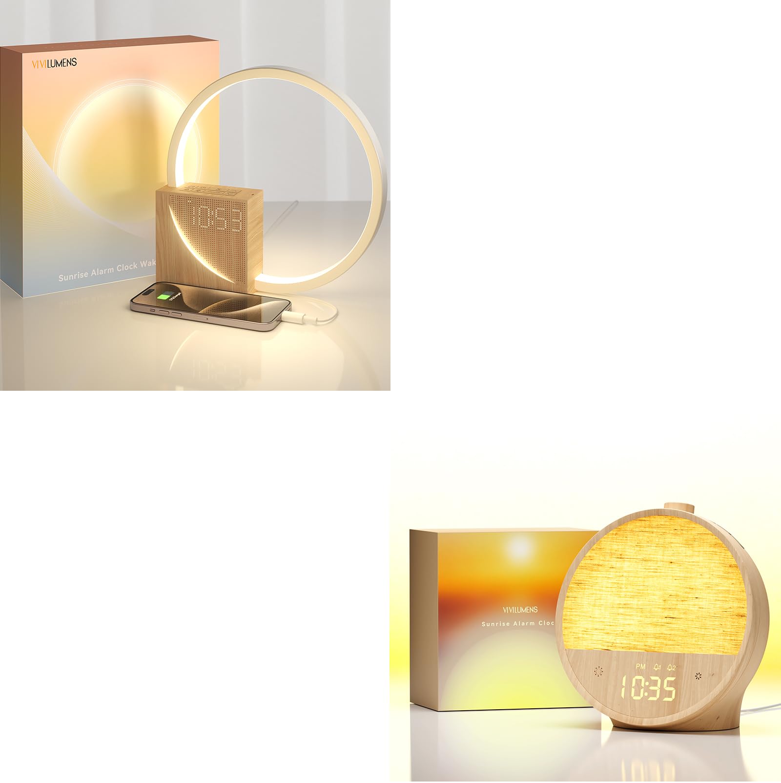 Vivilumens Wood Grain Sunrise Alarm Clock, Dual Alarms for Heavy Sleepers, Gentle Wake-Up Light Sound Machine