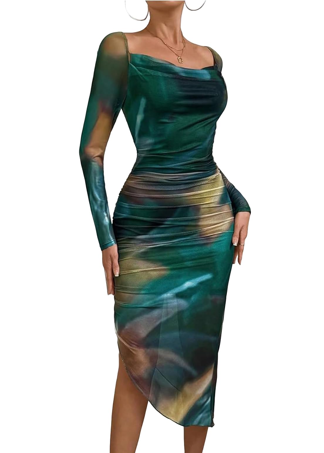 MOEENCN Sexy Long Sleeve Mini Dress for Women Sheer Mesh Printed 2 Piece Skirt Set Crew Neck See Through Bodycon Clubwear