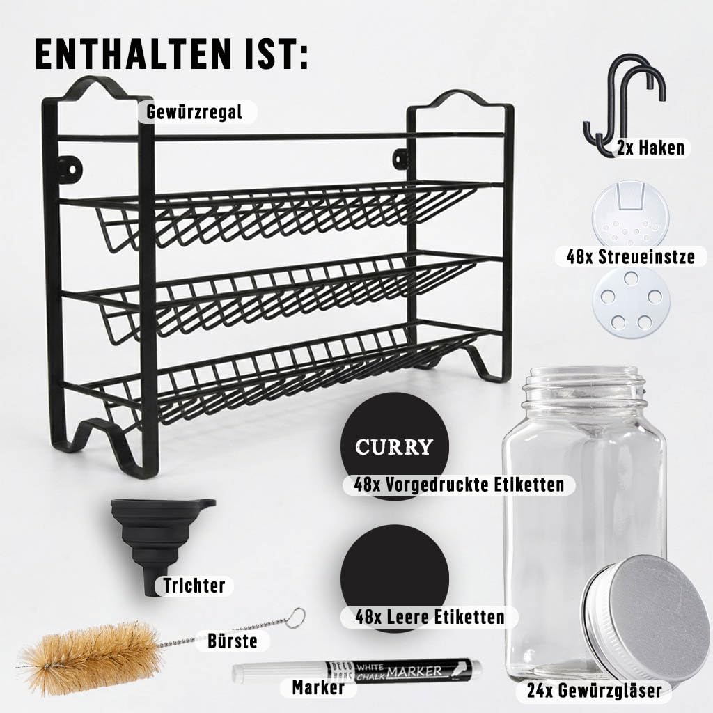 Deco haus® Gewürzregal Stehend & Wand [MIT GEWÜRZDOSEN & ETIKETTEN] - Gewürz Organizer - Spice Rack Organizer - Gewürzständer - Gewürzregalsystem Hängend - Gewürzaufbewahrung - Gewürzgläser mit Regal