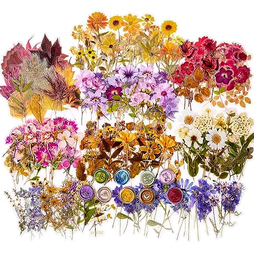 380 Pcs Pressed Flower Sticker Set Dried Flowers Themed Resin Journaling Stickers Floral Natural Botanical Fallen Leaves Decals for Scrapbook Supplies Bullet Junk Journal Bottles Planner Laptops