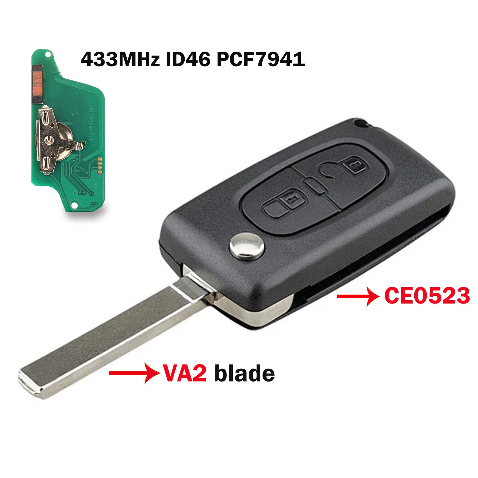 FSK Telecomando per Auto a 2 Tasti 433 MHz con Chip Elettronico ID46 PCF7941, Chiave Telecomando per Peugeot 207 307 308 407 e Citroën C2 C3 C4 C5, CE0523 - Lama VA2
