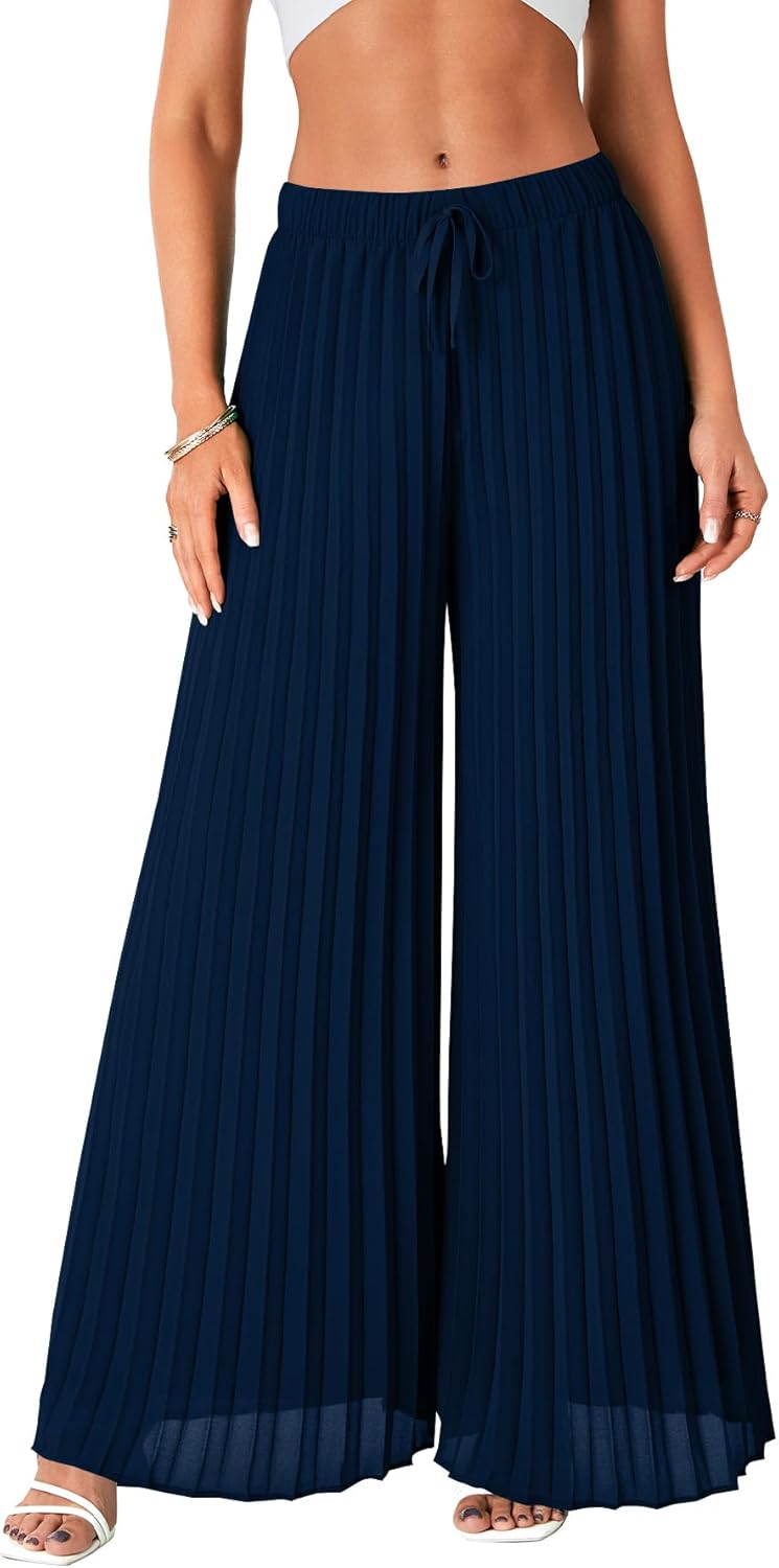 OPOIPIN Women's Chiffon Wide Leg Pleated Pants High Waist Flowy Loose Casual Long Trousers