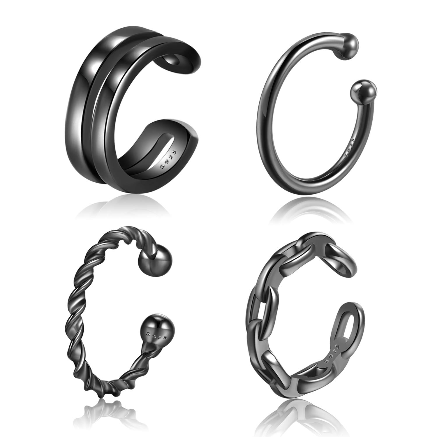 CHIC &amp; ARTSY 925 Sterling Silver Ear Cuffs for Women, Non Piercing Clip On Cartilage Cuffs, Adjustable Fake Conch &amp; Helix Earrings, Gold Plated &amp; Oxidized Various Styles