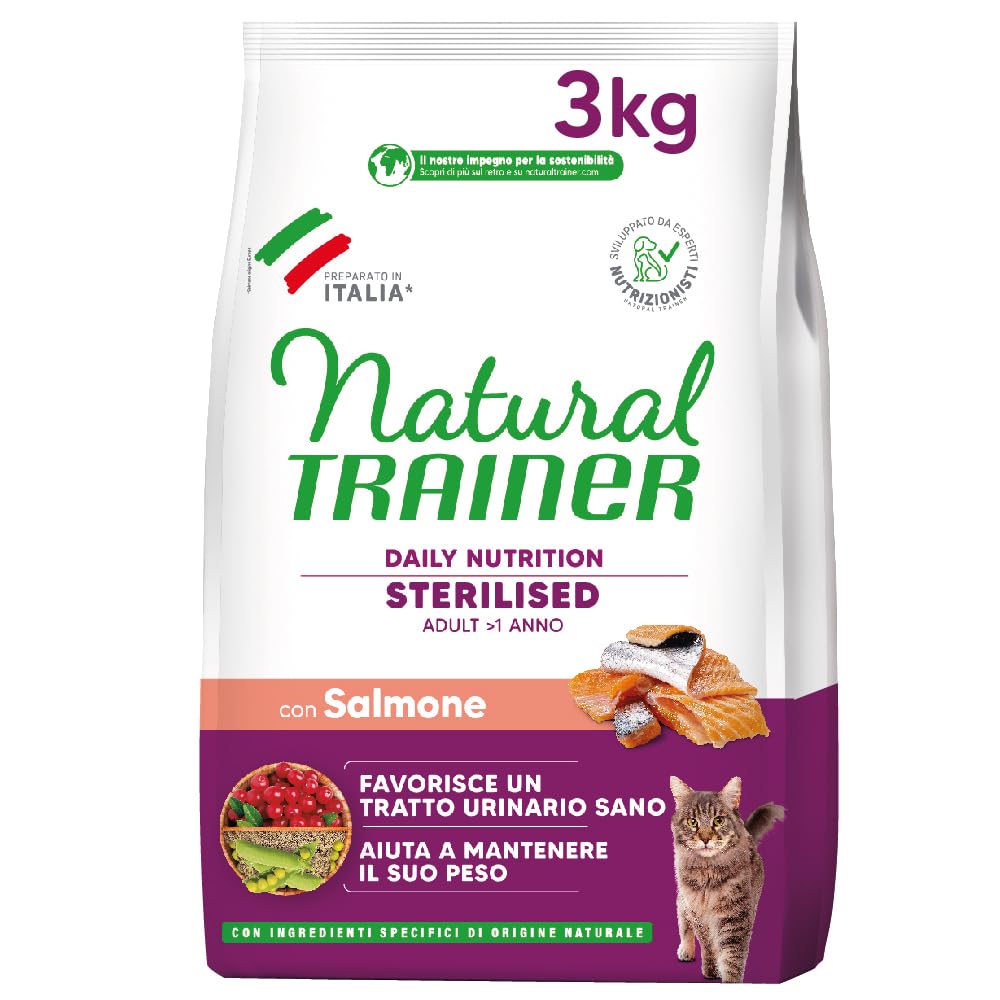 Trainer Natural Sterilised Adult con Salmone e Fibra di Pisello 3 Kg, 3000 Gr