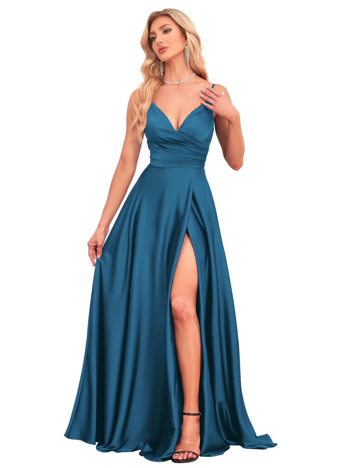 V Neck Satin Prom Dresses with Slit Long A line Formal Bridesmaid Dresses for Women BDL004