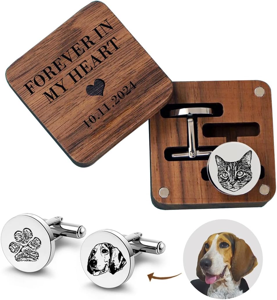 Engraved Custom Pet Portrait Photo CuffLinks, Personalized Dog Picture Memorial Cufflinks for Father Husband Groom Groomsmen