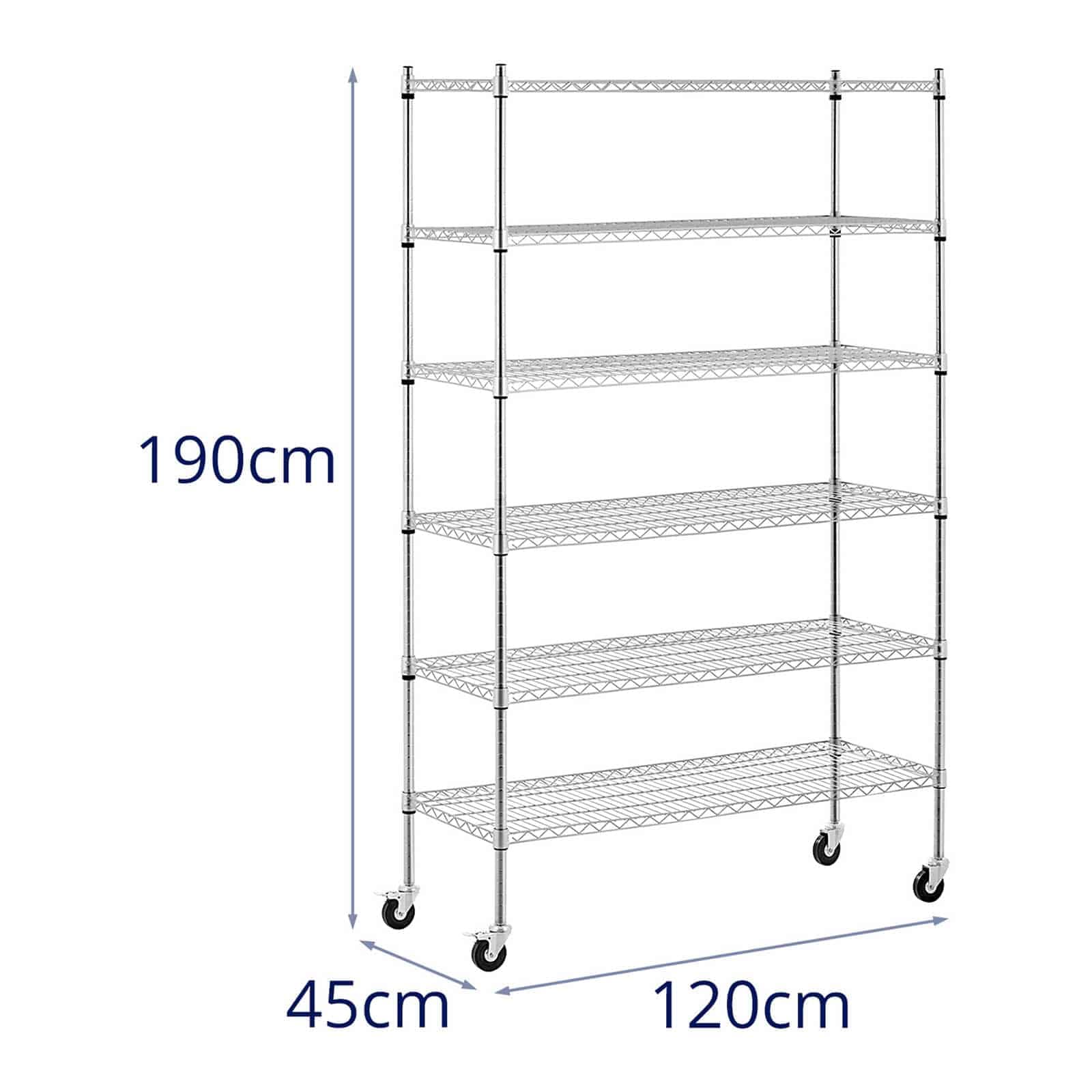 Royal Catering Scaffale su ruote, 120 x 45 x 190 cm, 6 ripiani (119,5 x 44,8 cm), 90 kg, 4 ruote (3''), in acciaio al carbonio, montaggio senza attrezzi, in metallo