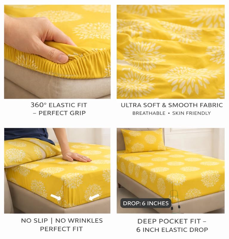 Image of Pure Cotton All Round Elastic Fitted Bedsheets with 1 Pillow Cover | Single Mattress Bed Breathable| Longlasting | Supersoft Size - 36 x 72 + 6 inches (Abstract, Color -Sunflower Yellow)