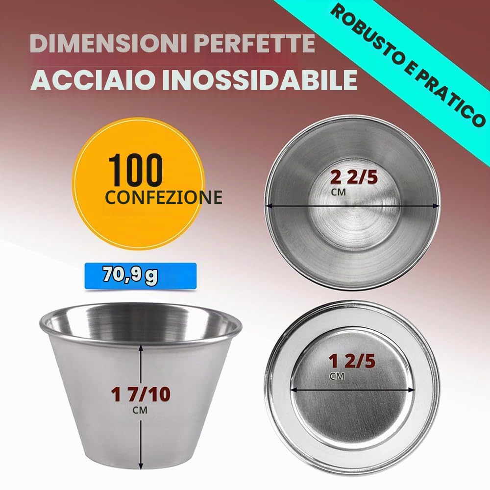 Set da 100 grandi coppette per salse in acciaio inox | Formato ideale da 2,5 oz (75 ml) per salse, ketchup, condimenti per insalata e settore della ristorazione.