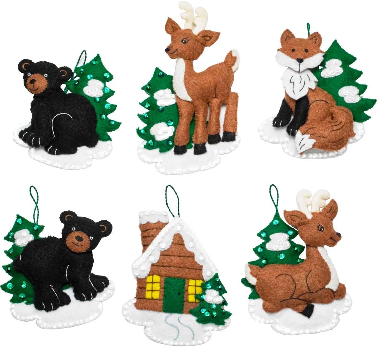 Bucilla 86947E Felt Applique 6 Piece Ornament Kit, 4"X5", Santa Black Bear Cabin