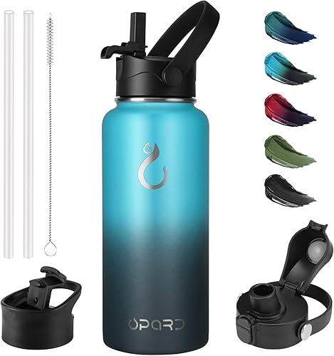 Opard Botella de agua deportiva de 32 onzas, 3 tapas (tapa con pajilla, tapa abatible, tapa de boquilla), a prueba de fugas, acero inoxidable