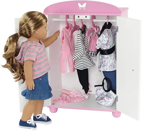 Miniatura 4 de Emily Rose mueble de muñecas de 18 pulgadas para muñecas American Girl, armario para muñecas con detalles de mariposas, 5 perchas de madera, para