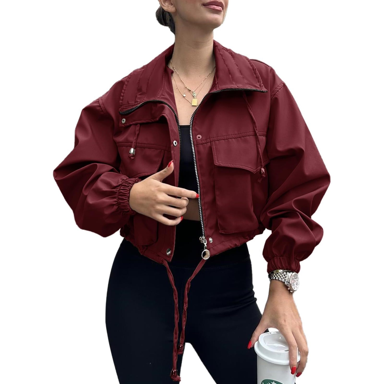 Womens Cropped Jacket Zip 2026 Trendy Zip Up Lightweight Utility Anorak Coat Long Sleeve Short Jacket with Pockets — view 8