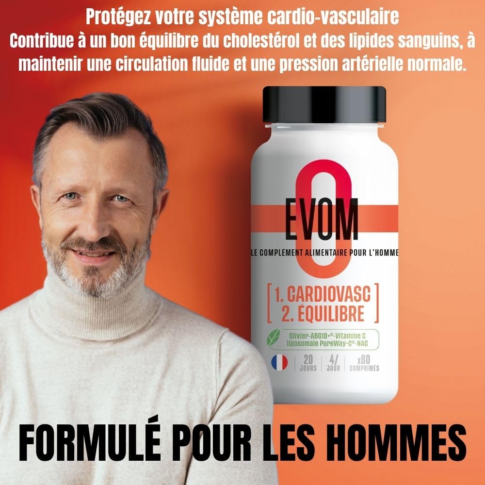 EVOM CardioVasc Équilibre - Complément alimentaire coeur, cholestérol et tension - Ail Noir ABG10+®, Olivier BENOLEA®, Vitamine C liposomale, Cannelle, Cassis, NAC - 80 comprimés - Complément Hommes