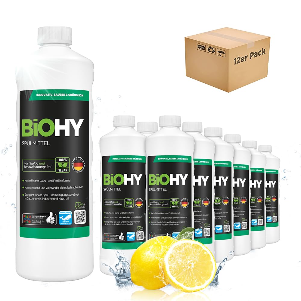 BiOHY Detersivo per piatti (12 bottiglie da 1l) | Privo di sostanze chimiche nocive e biodegradabile | Formula lucida e dissolvente per grassi (Spülmittel)