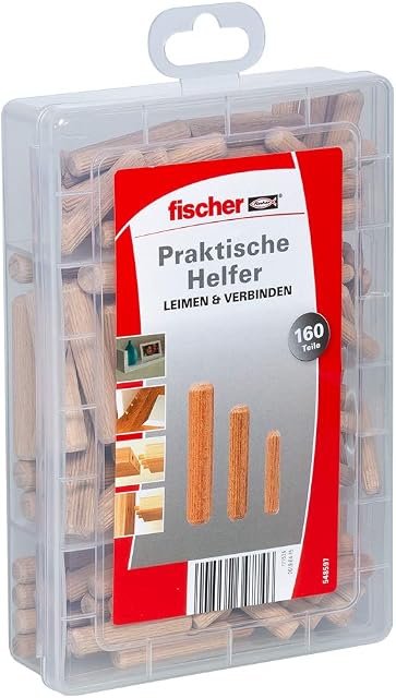 fischer Praktyczny pomocnik przy klejeniu i łączeniu, pudełko asortymentowe z 160 drewnianymi kołkami, zestaw do bezpiecznego połączenia litego drewna, materiałów drewnianych i materiałów płytowych