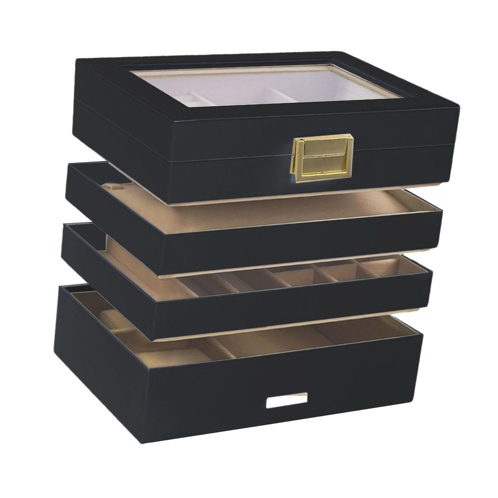 Portaoggetti Gioielli Custodia Gioielli Vassoio Gioielli Box Espositore Multi Scomparti Sovrapponibile Pelle PU Protezione Morbida Adatta per Donne AR, Nero