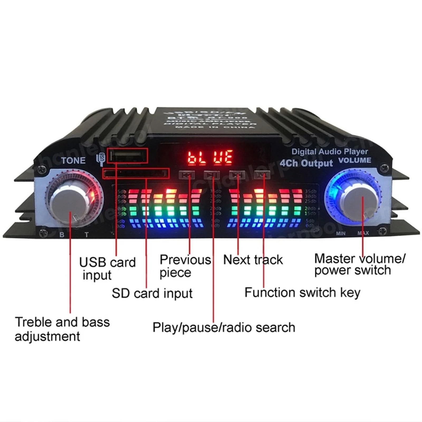 Amplificatore Audio HiFi con Potenza di Picco da 1600 W Amplificatore Audio Digitale a 4 canali Lettore Radio FM Supporto Telecomando