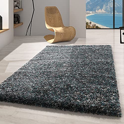 Carpetsale24 Teppich Wohnzimmer Shaggy Flokati Blau - Grau - Weiß 60 x 110 cm Meliert Design -...