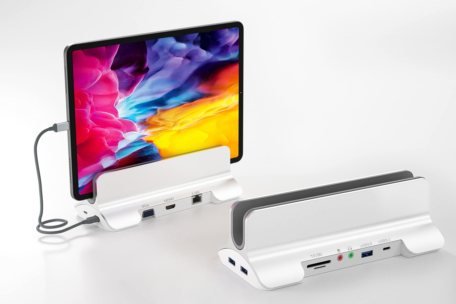 USB C Docking Station Dual Monitor with Vertical Stand, 12-Port Dual HDMI VGA Monitor USB C Dock with HDMI, VGA, 3 USB 3.0, USB-C(Data), SD/TF, 60W PD, Ethernet, 3.5mm Audio+Mic