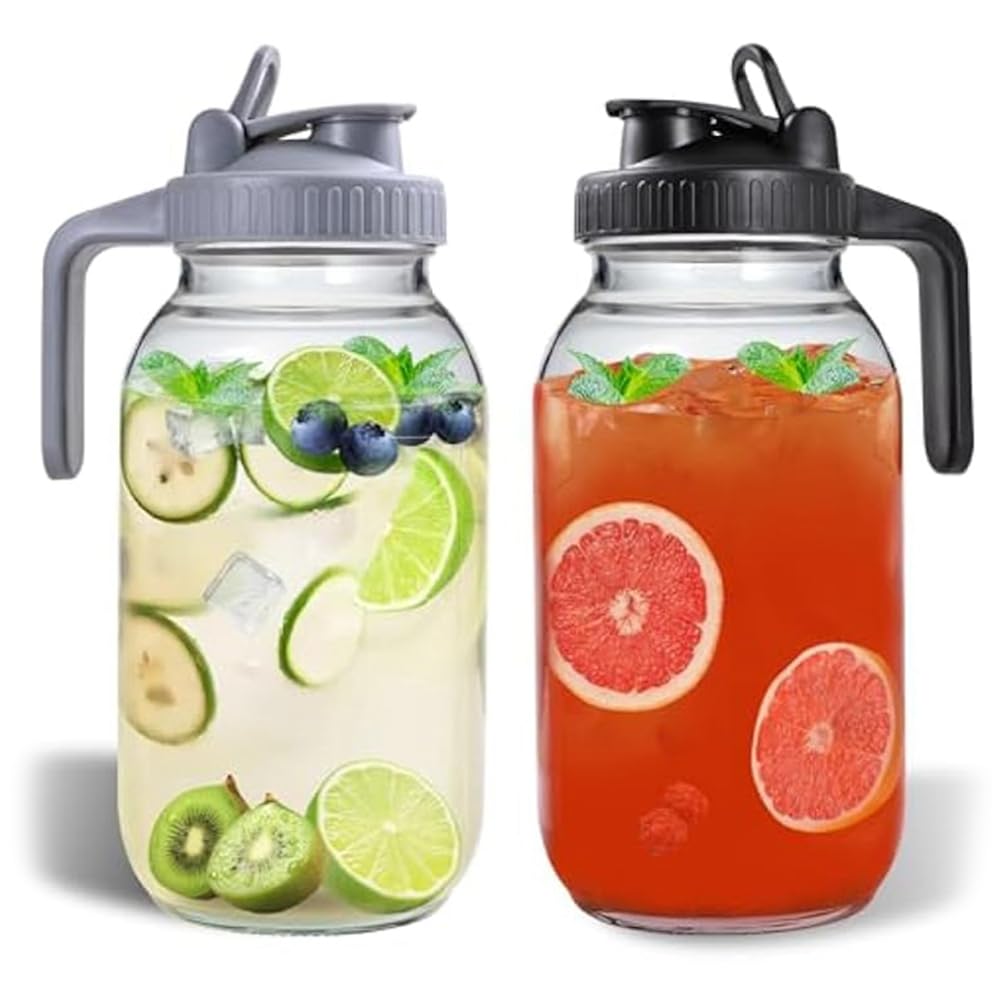 CTRLZS 2pcs 64oz Glass Pitchers with Lid and Spout, Jar Pitchers, Wide Mouth Jar Leak-Proof Water Jug for Water,Juice,Milk
