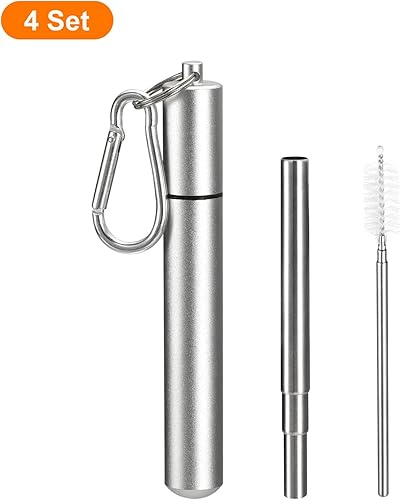 Miniatura 3 de uxcell 4 popotes de metal reutilizables, de 3.7 a 9.1 pulgadas, pajitas telescópicas portátiles de acero inoxidable con estuche redondo y cepillo de
