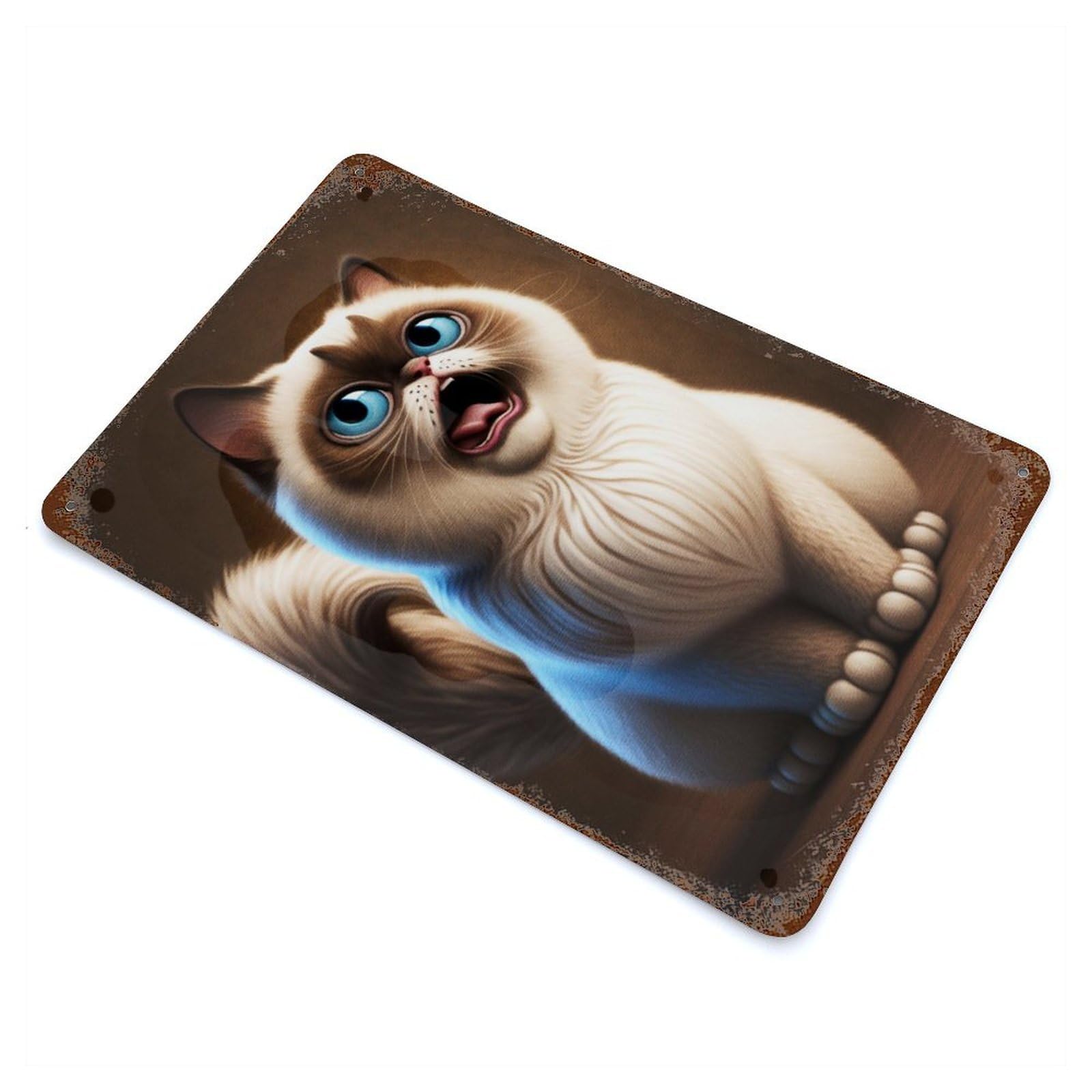 Weathered Tin Sign Laughing Cat 11.8"x7.9", Rustic Home Decor for Bistro, Counter And Cafe Decor