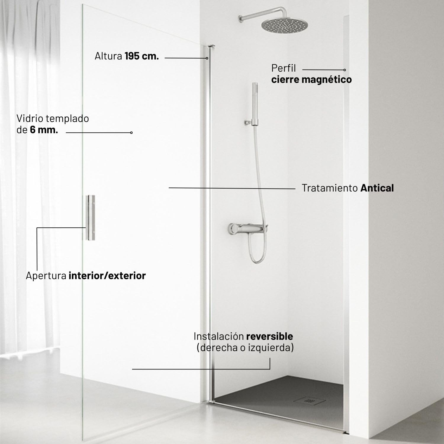 Mampara de Ducha Abatible SERIE 200 - Medida Adaptable de 77-81 x195 cm - Vidrio Templado, Antical, Transparente de 1 Hoja de 6 mm - Panel de Ducha con Perfil de color Plata Brillo - REALSHOWER