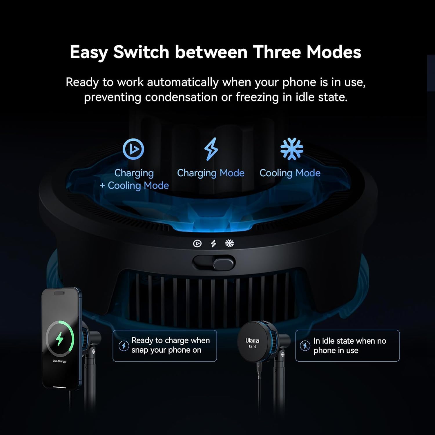 ULANZI SK-10 mode switch with icons for charging, cooling, and combined modes