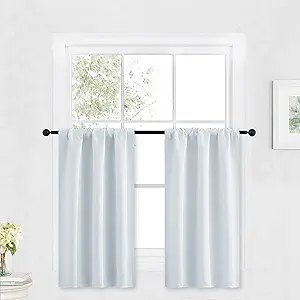 RYB HOME White Curtains for Bedroom - Room Darkening Curtains Thermal Insulated Sunlight Block for Kitchen Cabinet Basement Bathroom Window Covering, W 29 x L 36, Grayish White, 2 Panels