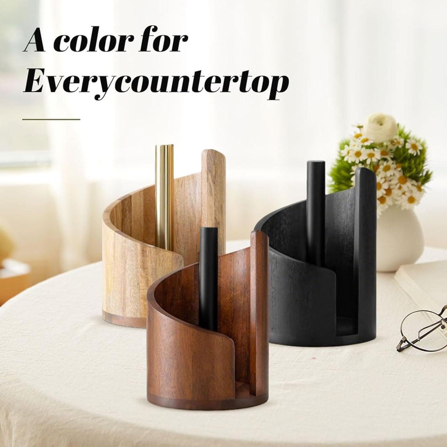 Mountain Paper Towel Holder, Countertop Wooden Holder with Mango-Wood Round Base and Iron Holders, One-Hand Tearing, Holds Jumbo and Mega Rolls for Kitchen, Living Room (Brown)