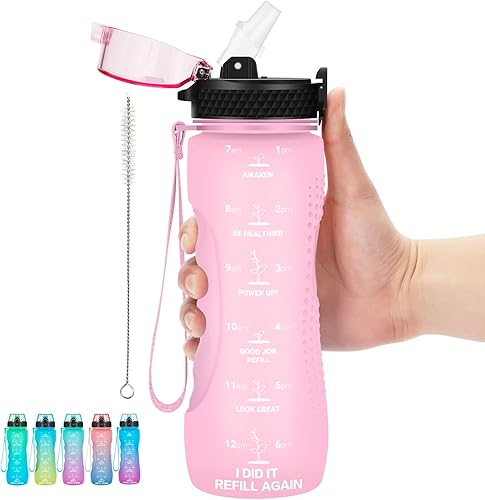 Botella de agua motivacional para niños de 24 onzas con marcador de tiempo, tapa de pajilla, a prueba de fugas, botella de agua deportiva Tritan sin