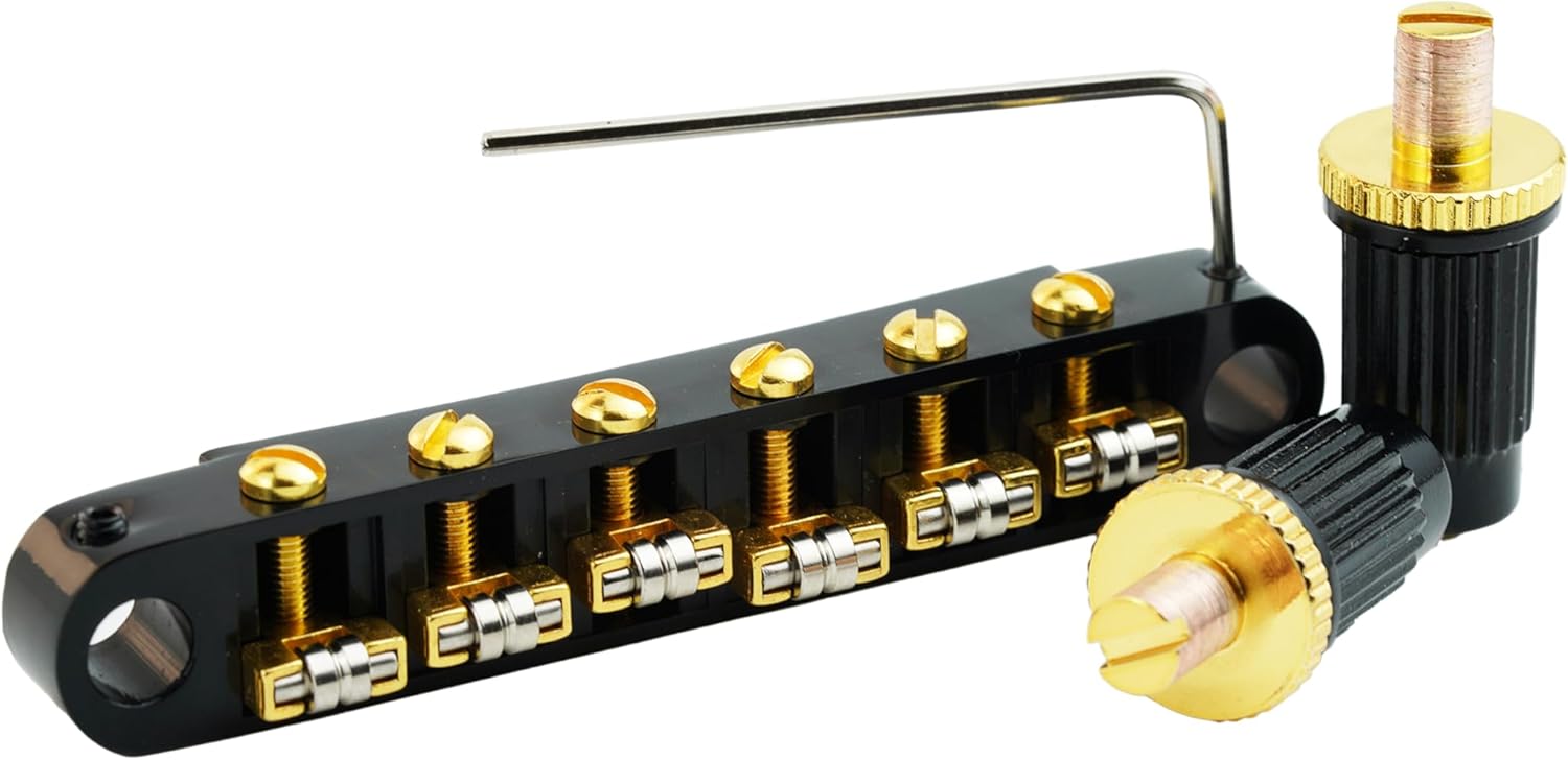 Guyker Guitar Tune-O-Matic Roller Saddle Bridge Replacement Part Compatible with Les Paul LP SG Style 6 String Electric Guitar - GM005, Black Gold