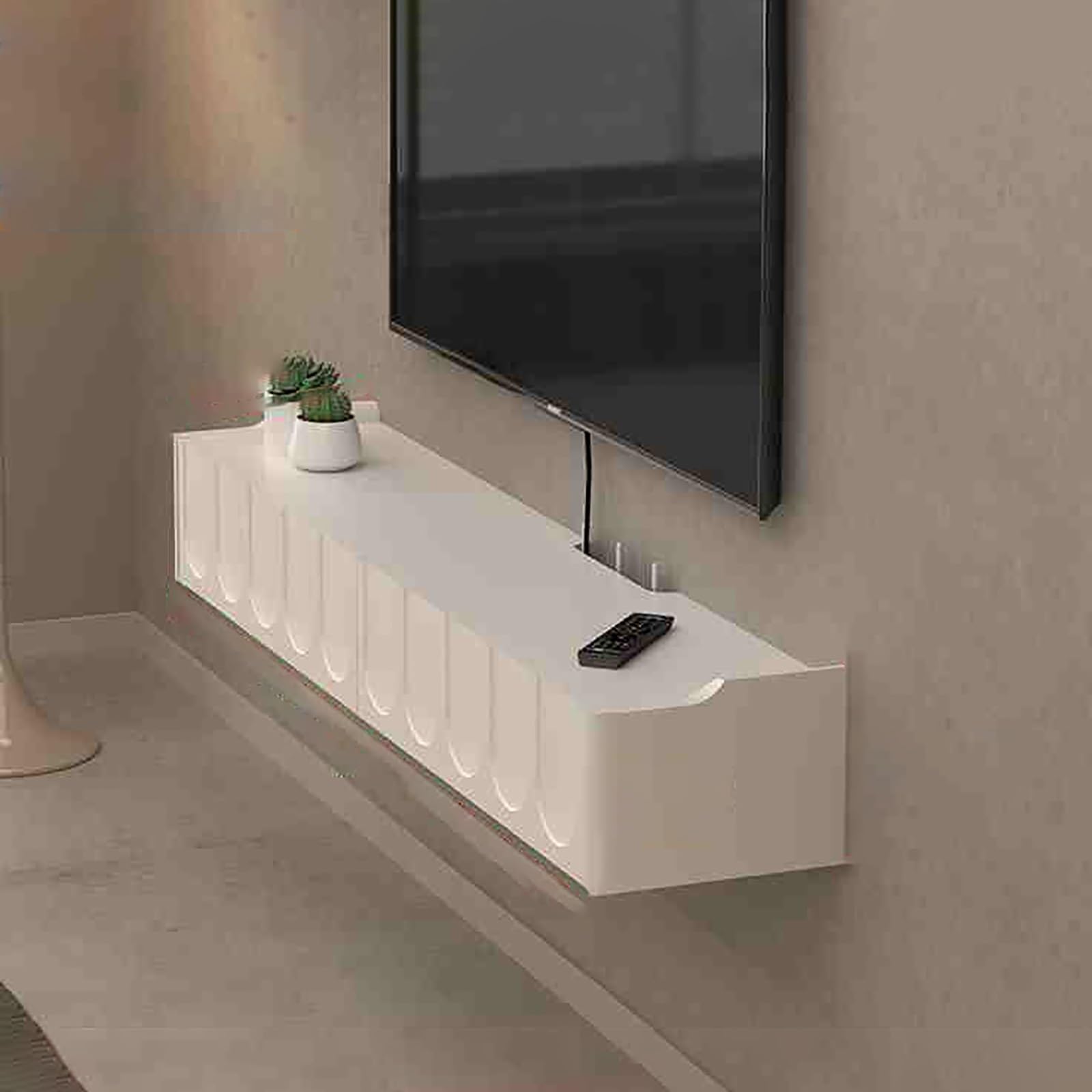 Console multimédia flottante moderne avec tiroirs de rangement et porte à rabat