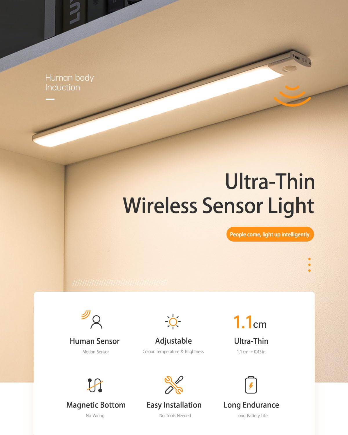 GETIPOO Under Cabinet Lighting Wireless, 2 Pack 3 Color Temps, 40 LED Lights, Motion Sensor Light Indoor, Magnetic Dimmable Closet Lights, Rechargeable Light