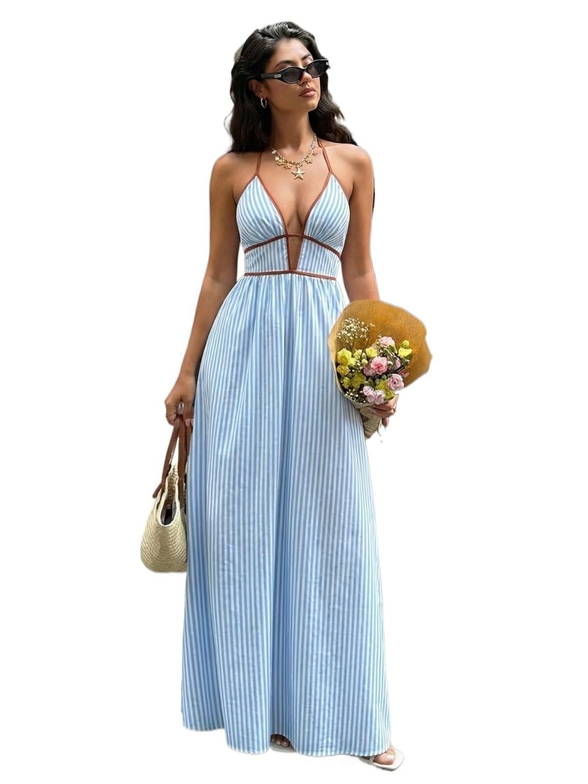 Vestido de Playa Verano a Rayas Azules sin Espalda for Mujer Sexy Halter con Cuello en V Mangas Maxi Fiesta Vacaciones Femenina