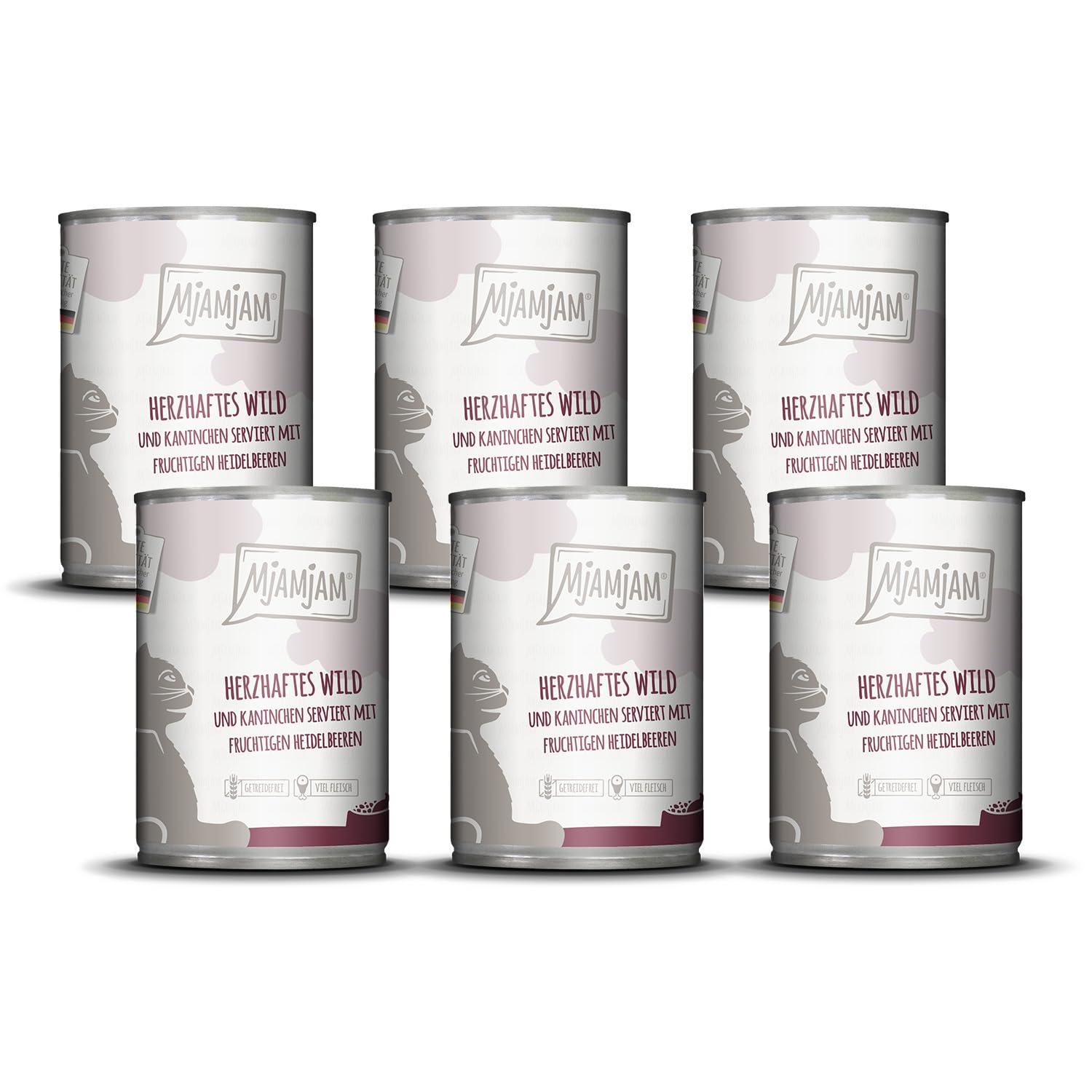MjAMjAM - Premium Nassfutter für Katzen - herzhaftes Wild & Kaninchen an fruchtigen Heidelbeeren, 6er Pack (6 x 400 g), getreidefrei mit extra viel Fleisch