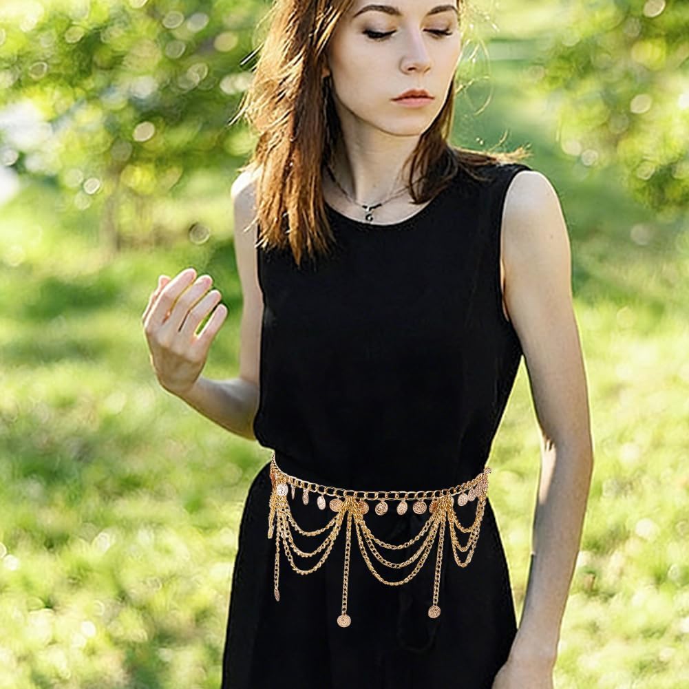 2Pcs Metal Link Chain Belly Belt Multi Layer Waist Chain 70.5cm Gold Platinum Coin Pendant Waist Chain for Women Dresses Jeans Country Concert Outfit Costume image 5