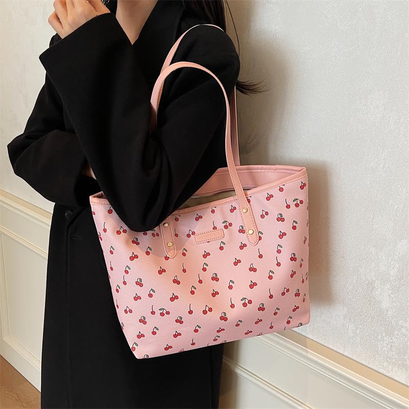 Image of hibear Cherry Print Tote Bag for Women Bow Shoulder Handbag Trendy Faux Leather Top-Handle Bag with Cherry Accessories