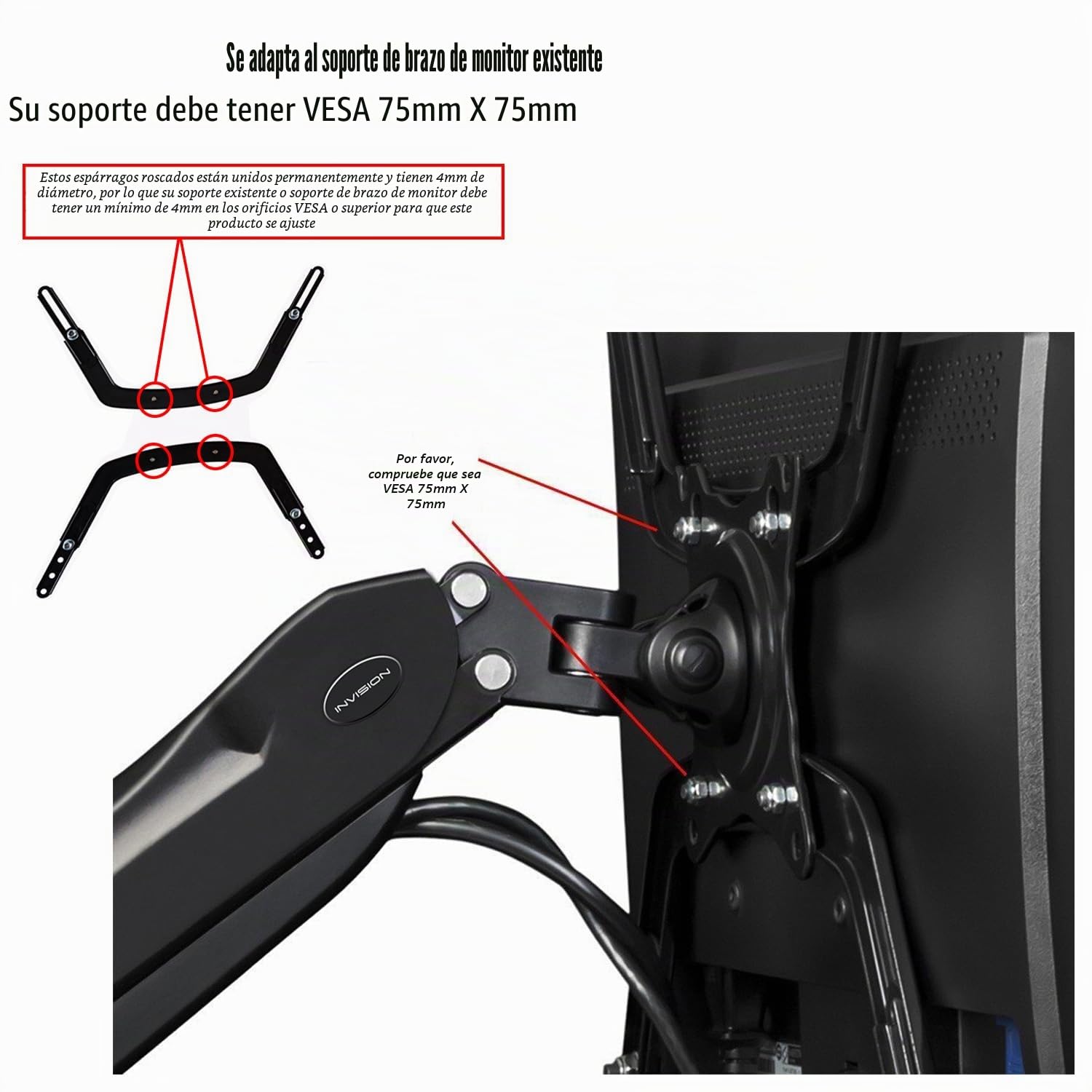 Invision Kit Adaptador No VESA para Monitores PC y Pantallas TV 17"-27" Sin Orificios de Fijación Traseros [Brazo de Monitor o Soporte de TV con Patrón de Montaje 75x75mm] Carga Máx. 6,5kg (NV100)