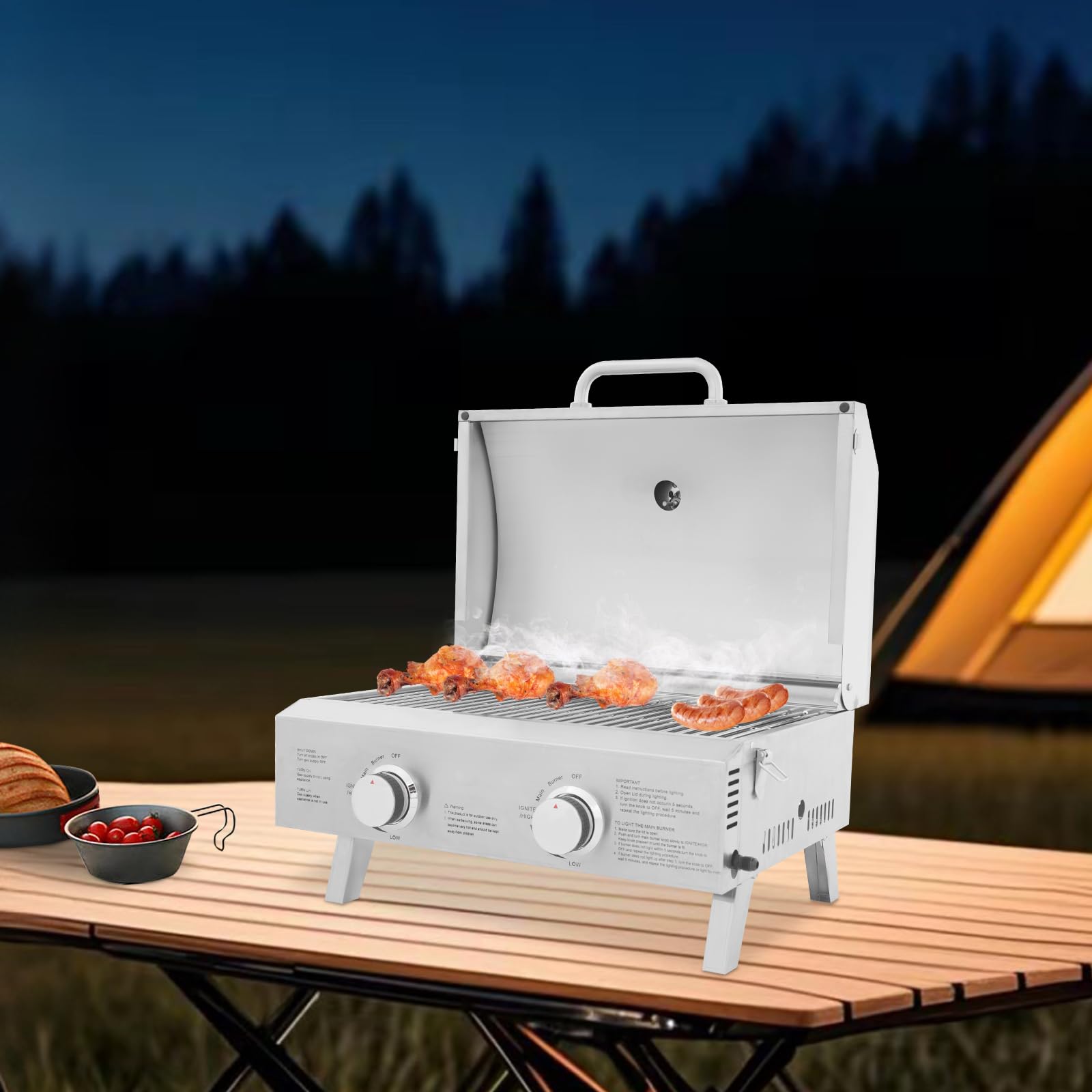 Barbecue à gaz portable à 2 brûleurs - Barbecue à gaz de table avec grille de cuisson - Barbecue à gaz en acier inoxydable - Barbecue de camping en plein air - Plaque de cuisson avec grille de cuisson