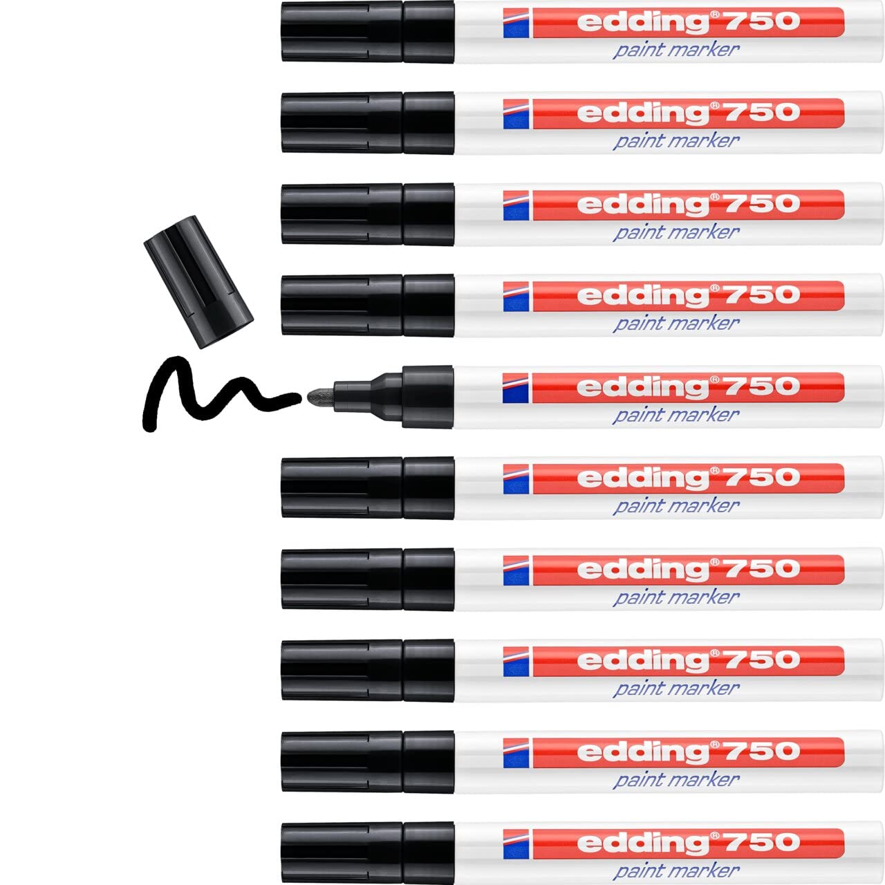 edding 750 marcador de tinta opaca - negro - 10 rotuladores - punta redonda 2-​4 mm - para metal, vidrio, piedras o plástico - resistente al calor, permanente, no mancha, impermeable