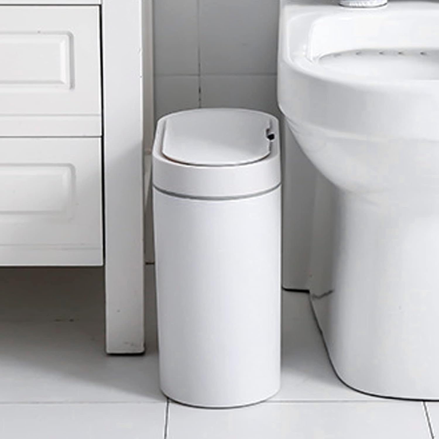 MalloomSmall Touchless Trash Can, 8L/2.1Gal Smart Touchless Bedroom Bin, Waterproof & Slim Motion Sensor Plastic Narrow Garbage Can for Bedroom/Bathroom/Kitchen/Office/RV (White)