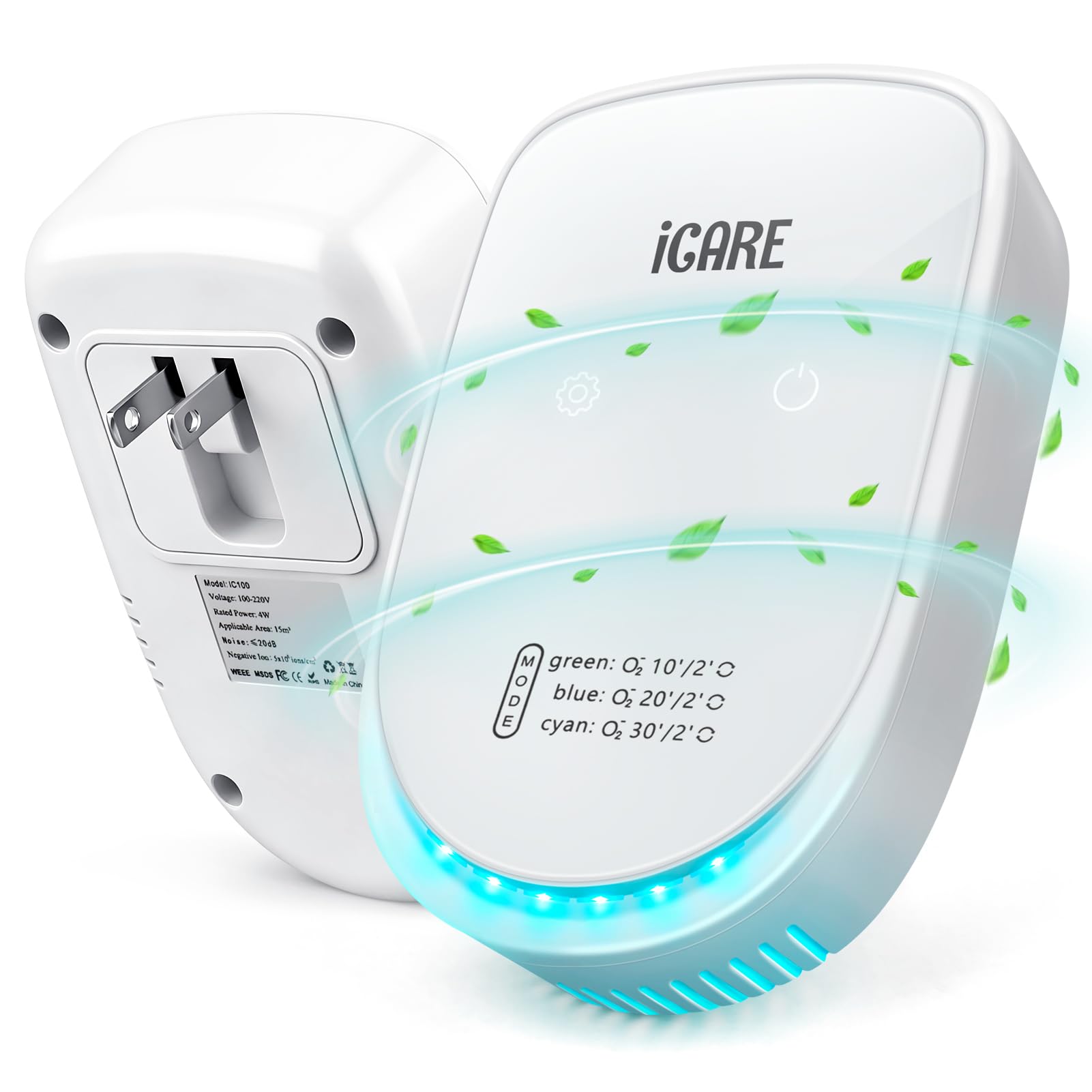 ICARE Purificador de Aire, Plug in Purificador de Aire de Iones Negativos con 3 Modos de Iluminación, Silencioso Ionizador de Aire Libre de Ozono para Dormitorio, Casa, Sala de Estar, Sala de Mascotas — view 9